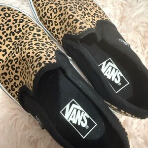 Vans Tan and Black Leopard Slip-Ons